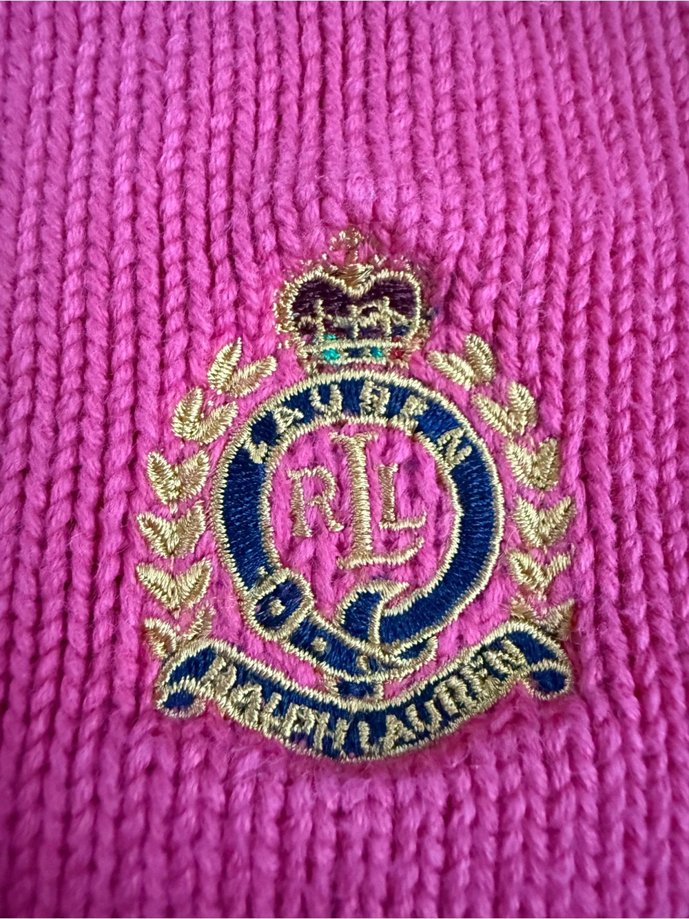 Vintage Y2K Lauren Ralph Lauren Bright Pink Crest Knit Boatneck Sweater M/L
